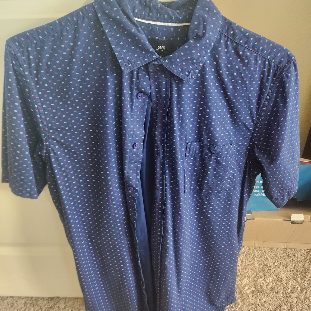 Obey Men’s Navy Short Sleeve Printed Button-Up Shirt
